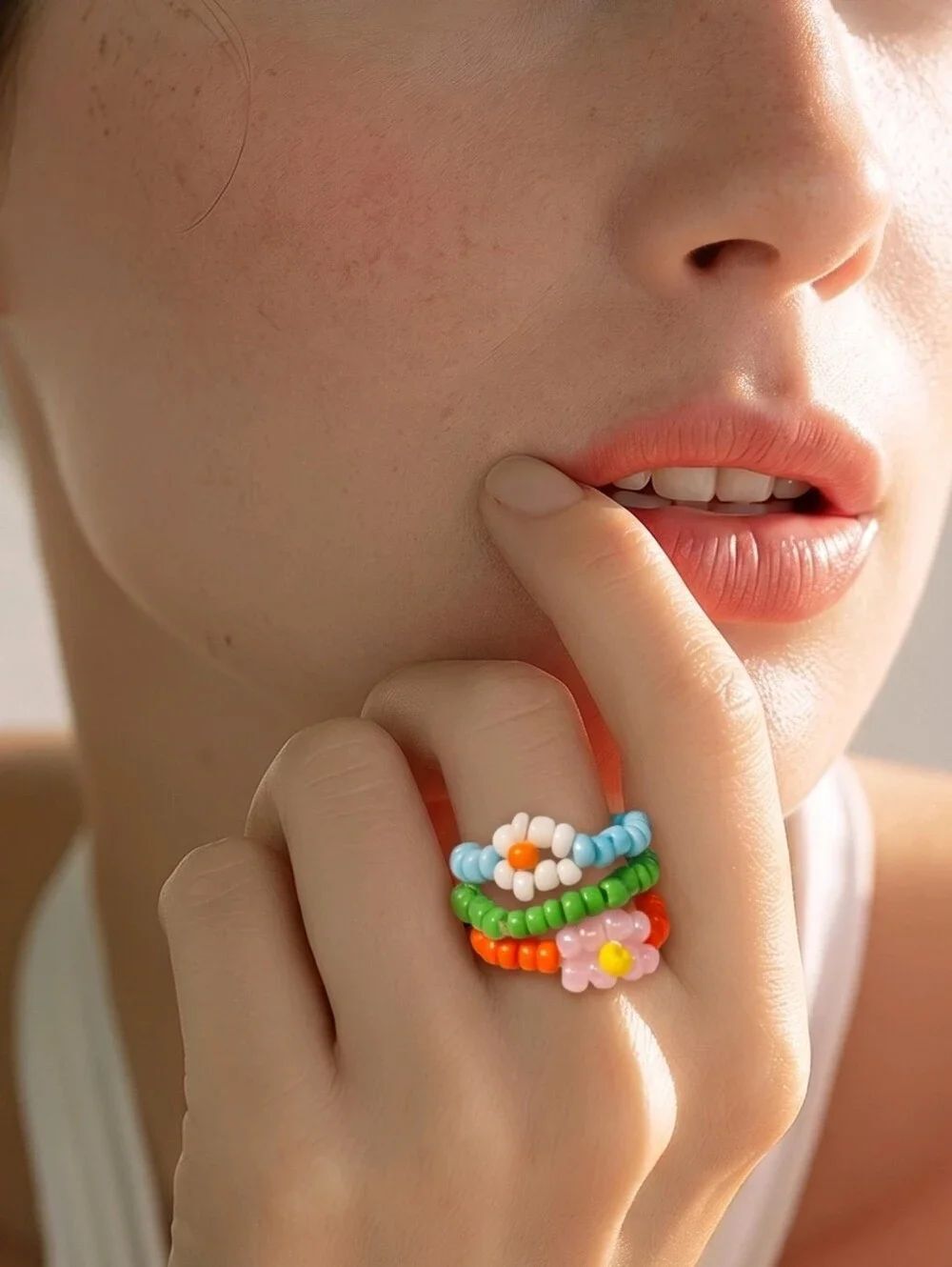 Colorful Floral Beaded Stretch Ring Stack Set of 5 | Adjustable Rings Boho